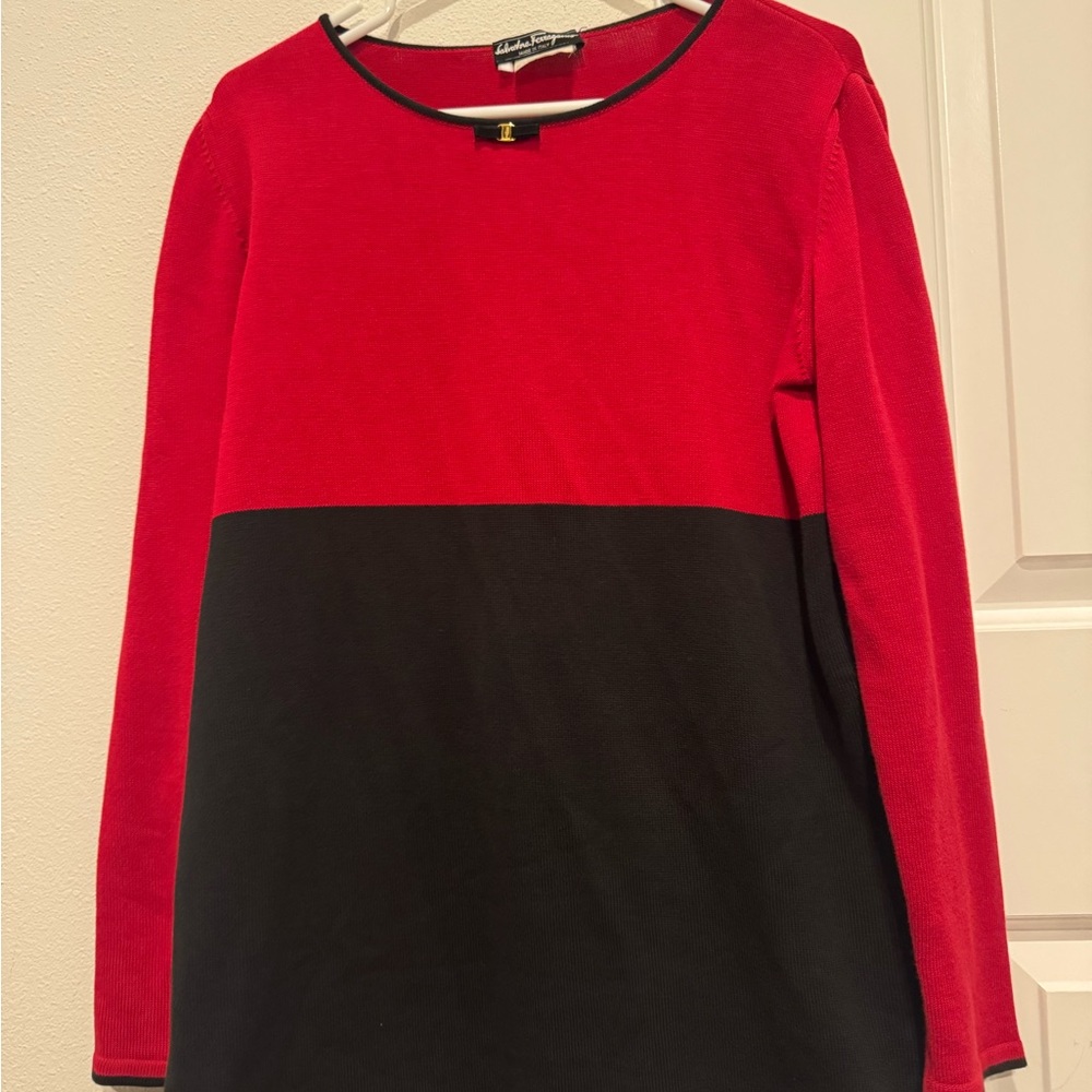 Salvatore Ferragamo Red Black Colorblock Cotton Knit Tunic • Made in Italy.